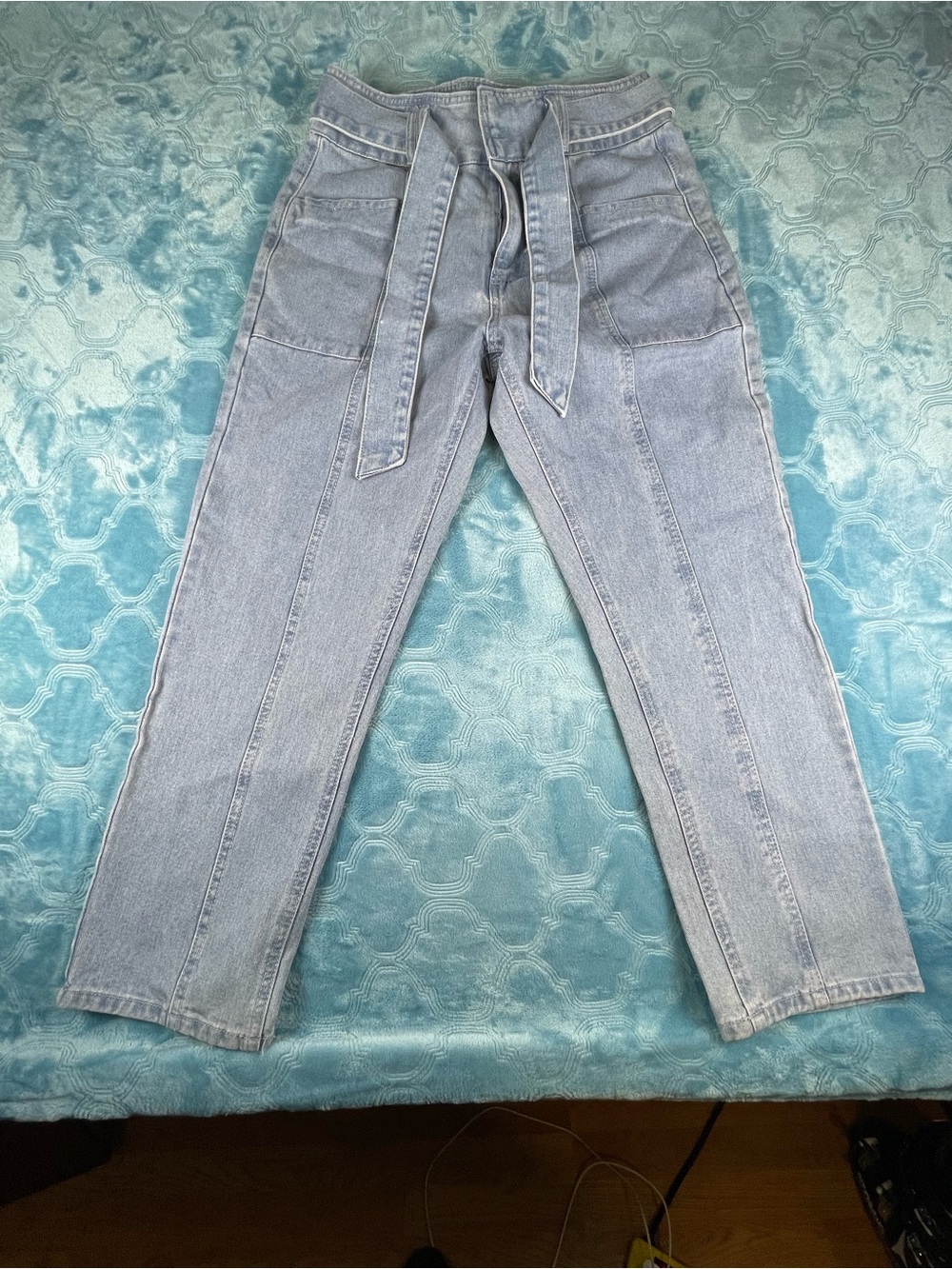 Forever 21 Light Blue Relaxed Paperbag Jeans with Self-Tie Belt